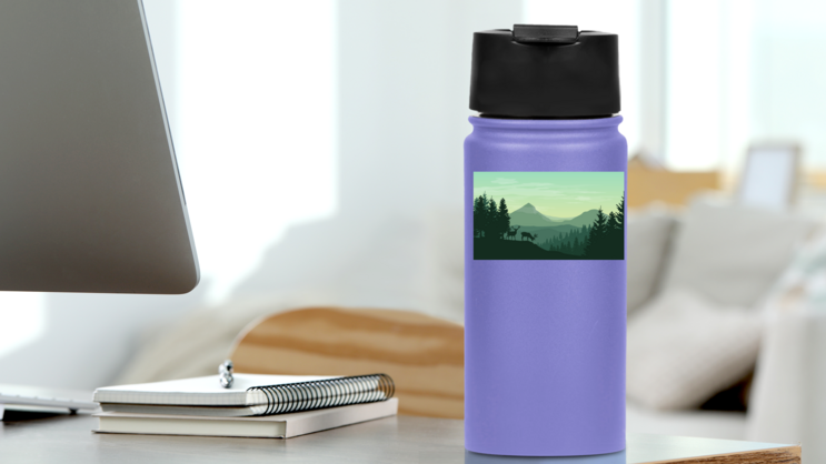 Green Atmospheric Mountain Landscape With Deers Sticker on a Water Bottle (New) example