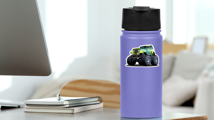 Green Cartoon Monster Truck Sticker on a Water Bottle (New) example