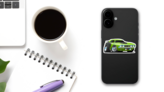 Green Cartoon Muscle Car Sticker on a Phone (New) example