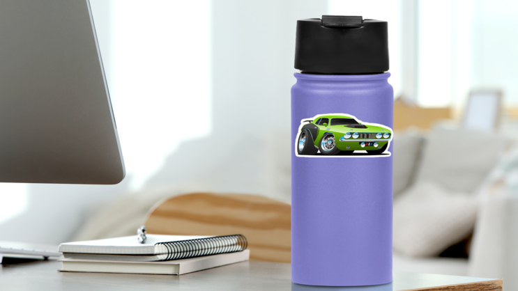 Green Cartoon Muscle Car Sticker on a Water Bottle (New) example