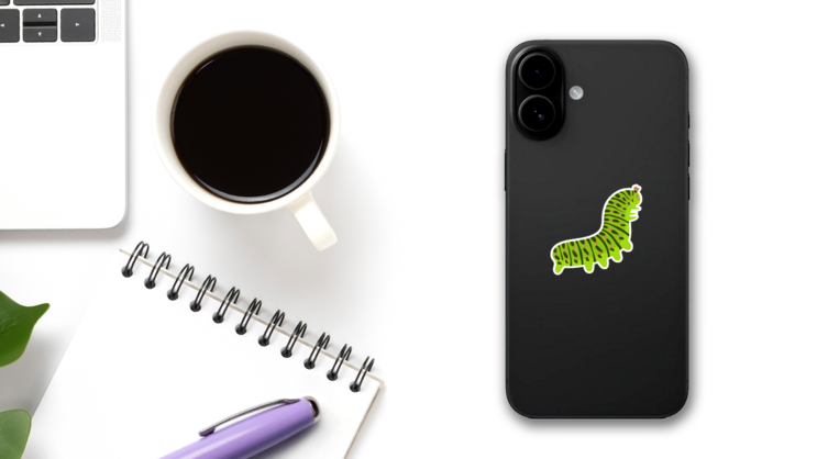Green Caterpillar Butterfly Larva Sticker on a Phone (New) example