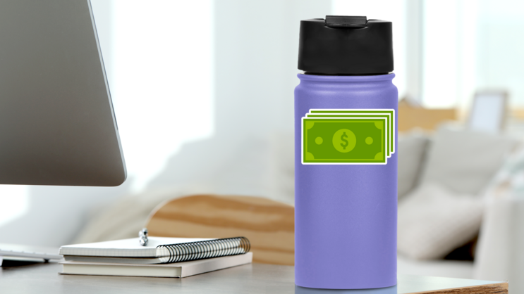 Green Dollar Bills Icon Sticker on a Water Bottle (New) example