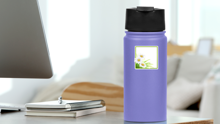 Green Frame With Grass And Daisies Sticker on a Water Bottle (New) example