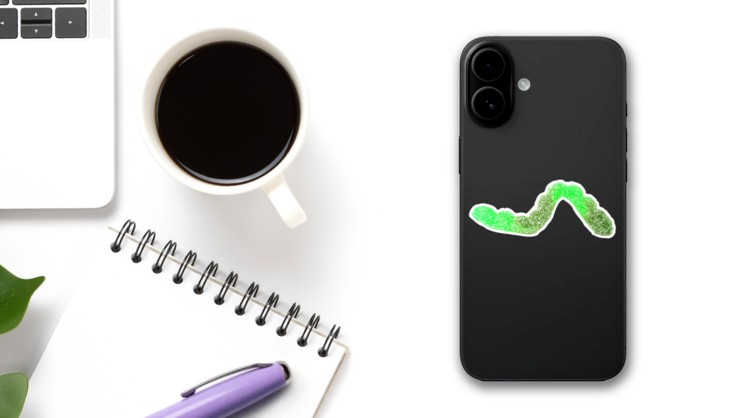 Green Gummy Worm Sticker on a Phone (New) example