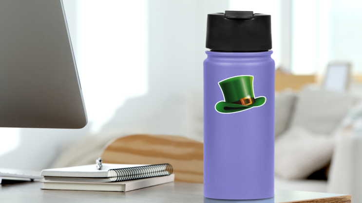 Green Leprechaun Hat Sticker on a Water Bottle (New) example