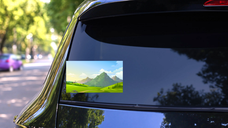 Green Meadows With Three Mountains Sticker on a Rear Car Window (New) example