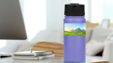 Green Meadows With Three Mountains Sticker on a Water Bottle (New) example