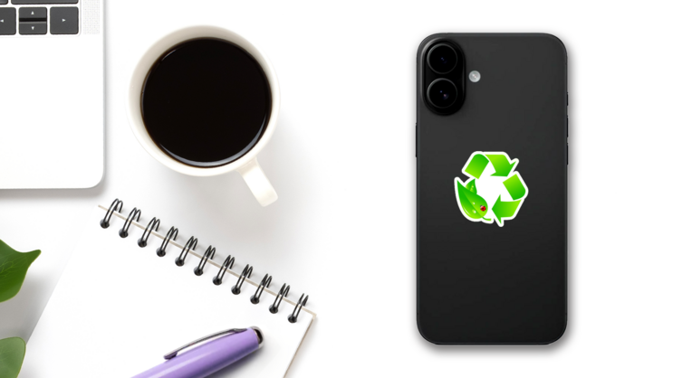 Green Recycling Logo With Ladybug Sticker on a Phone (New) example