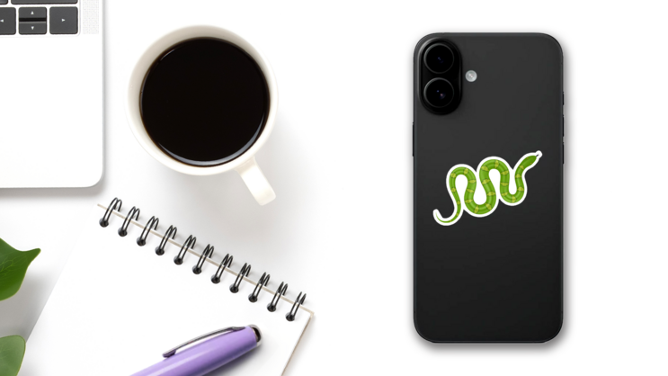 Green Snake Illustration Sticker on a Phone (New) example