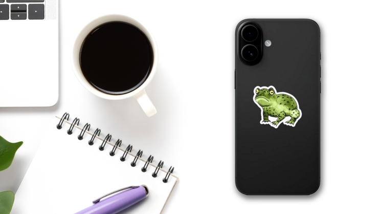 Green Ugly Frog With Round Yellow Eyes Sticker on a Phone (New) example
