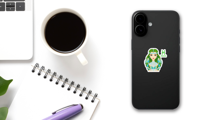 Green Zodiac Sign Pisces Fantastic Princess Sticker on a Phone (New) example
