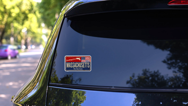 Greeting From Massachusetts Vintage Sign Sticker on a Rear Car Window (New) example