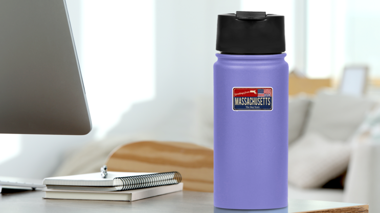 Greeting From Massachusetts Vintage Sign Sticker on a Water Bottle (New) example