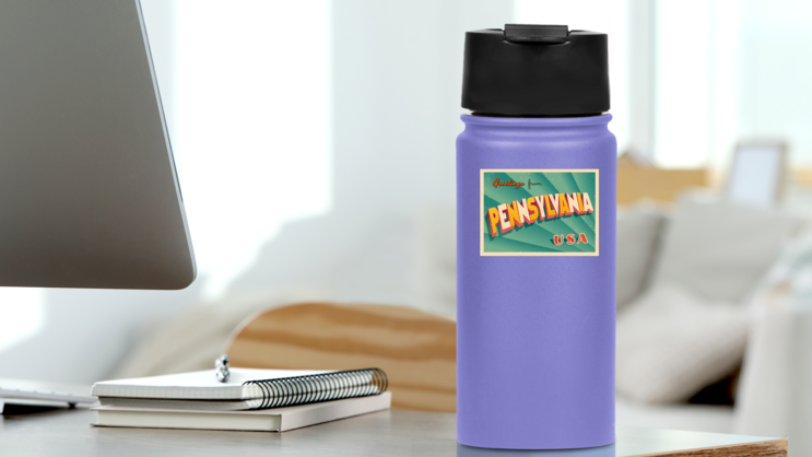 Greetings From Pennsylvania Sticker on a Water Bottle (New) example