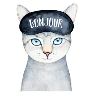 Grey Kitty Wearing Black Sleeping Mask bonjour French Sticker