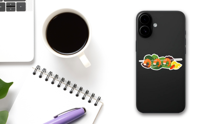 Grilled Shrimp Skewers On Mix Of Lettuce Leaves Sticker on a Phone (New) example