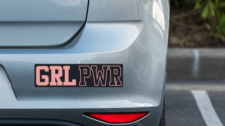GRL PWR Bumper Sticker on a Grey Car Bumper example