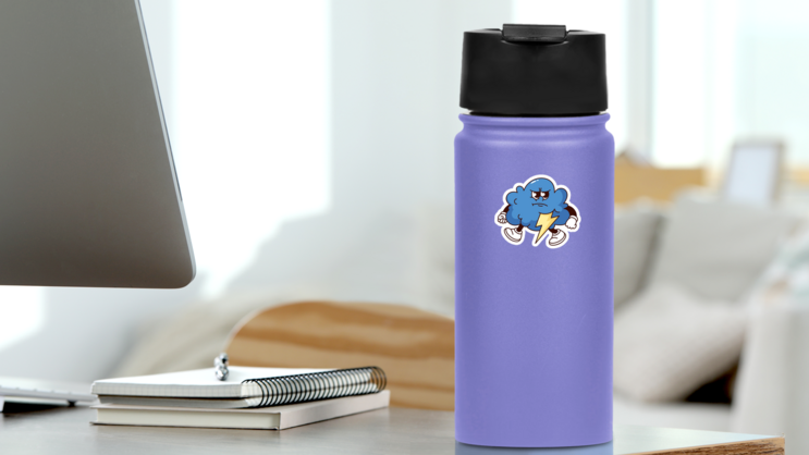 Groovy Angry Cloud Lightning Sticker on a Water Bottle (New) example