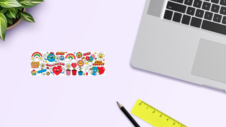 Groovy Cartoon Characters Sticker Sheet on a Desk (New) example