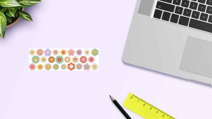 Groovy Flower Cartoon Characters Sticker Sheet on a Desk (New) example