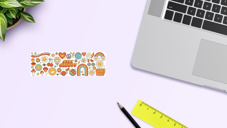 Groovy Hippie 70s Sticker Sheet on a Desk (New) example