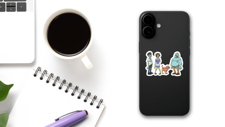 Group Of Cartoon Zombie Characters Sticker on a Phone (New) example
