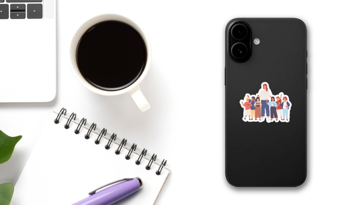 Group Of Joyful Schoolchildren And Teacher Cartoon Sticker on a Phone (New) example