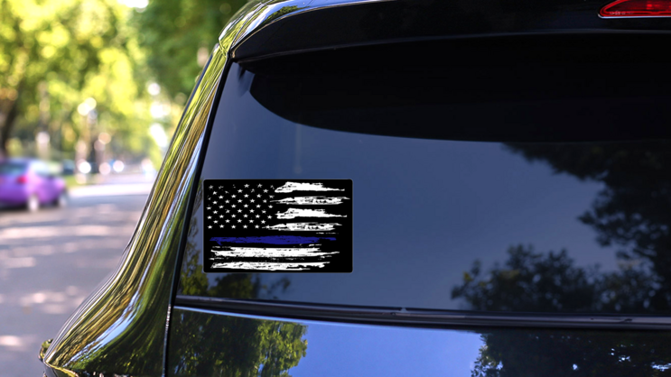 Grunge Blue Line Flag White Sticker on a Rear Car Window (New) example