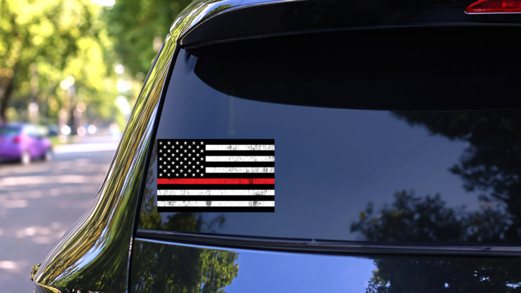 Grunge Fire Department Thin Red Line USA Flag on a Rear Car Window (New) example