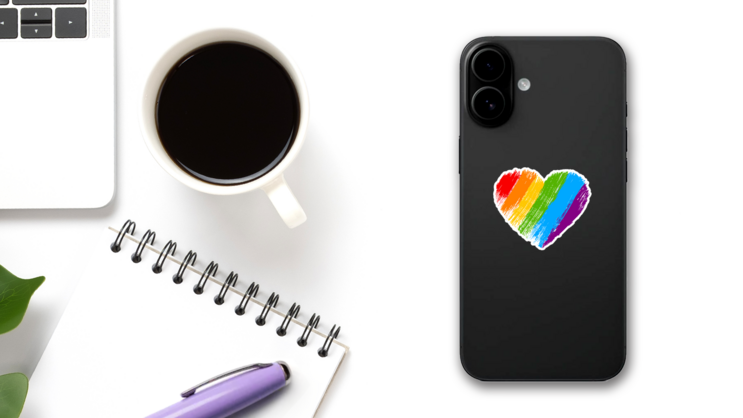 Grunge Rainbow Heart Sticker on a Phone (New) example