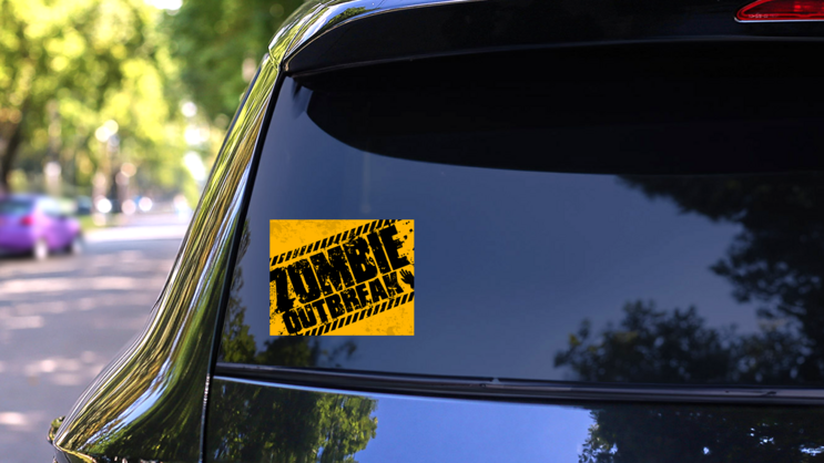 Grunge Zombie Outbreak Sign Sticker on a Rear Car Window (New) example