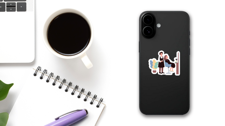Hairdressing Characters Illustration Sticker on a Phone (New) example