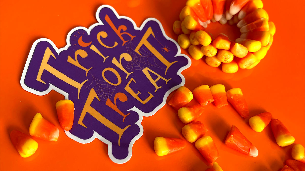 Trick or Treat Sticker in Candy Corn for Halloween Blog