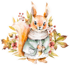 Hand Drawing Watercolor Autumn Squirrel Sticker