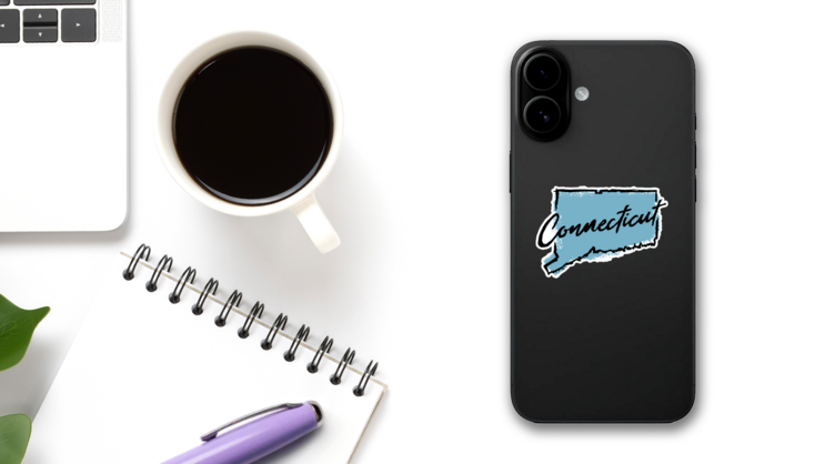 Hand Drawn Connecticut State Sticker on a Phone (New) example