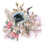Hand Drawn Crane Bird And Flower Bouquet Illustration Sticker