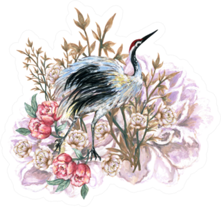 Hand Drawn Crane Bird And Flower Bouquet Illustration Sticker