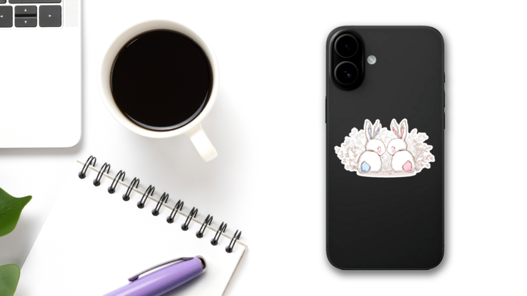 Hand Drawn Cute Bunny, Print Design Sticker on a Phone (New) example