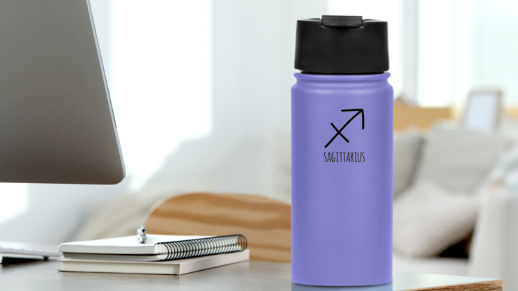 Hand Drawn Doodle Sagittarius Lettering Sticker on a Water Bottle (New) example