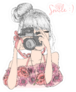 Hand Drawn Girl In A Floral Dress With Camera smile Sticker