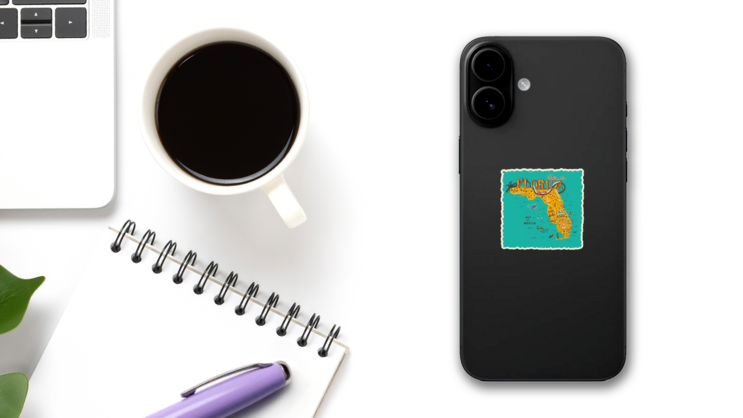 Hand Drawn Illustration Of Florida Map Destinations Sticker on a Phone (New) example