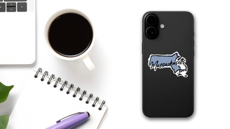Hand Drawn Massachusetts State Sticker on a Phone (New) example