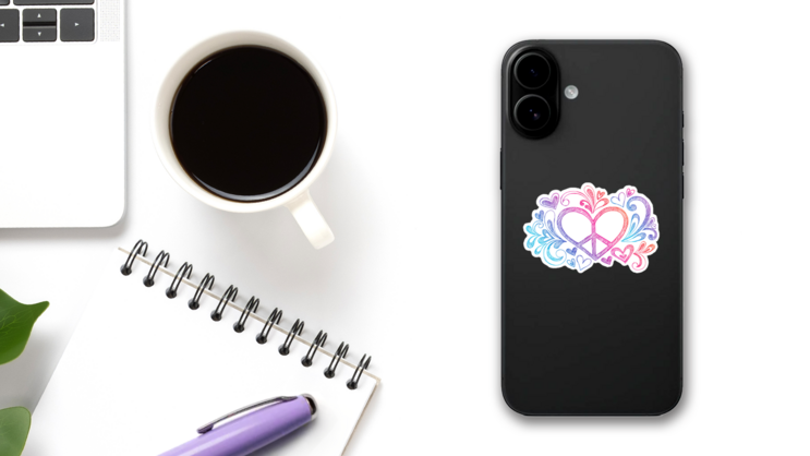 Hand Drawn Peace Sign Heart Sticker on a Phone (New) example
