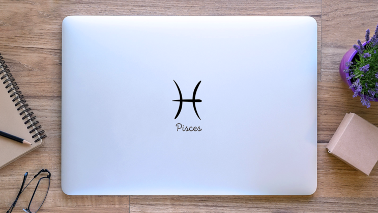 Hand Drawn Pisces Simple Line Sticker on a Laptop (New) example