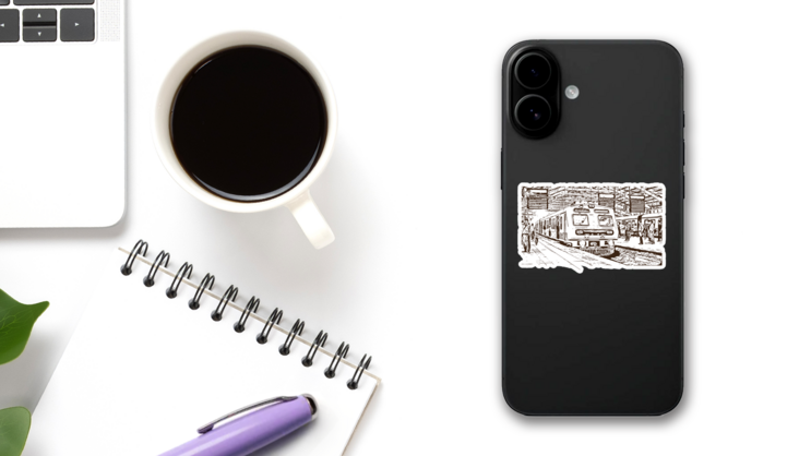 Hand Drawn Sketch Of Mumbai Local Train Sticker on a Phone (New) example