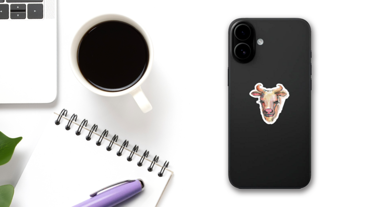 Hand Drawn Watercolor Cow Sticker on a Phone (New) example