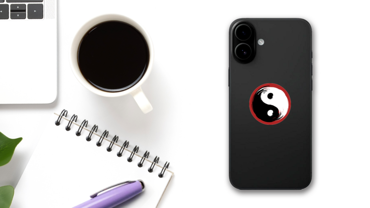 Hand Drawn With Brush Swirl Spiral Yin Yang Symbol Sticker on a Phone (New) example