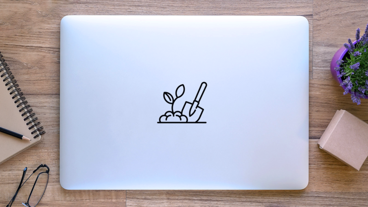 Hand Garden Shovel Icon Sticker on a Laptop (New) example