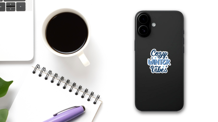 Hand Lettered Cozy Winter Vibes Sticker on a Phone (New) example