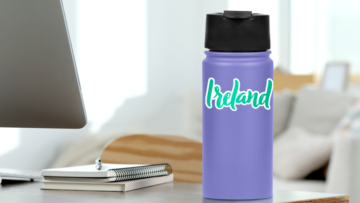 Hand Lettered Ireland Sticker on a Water Bottle (New) example